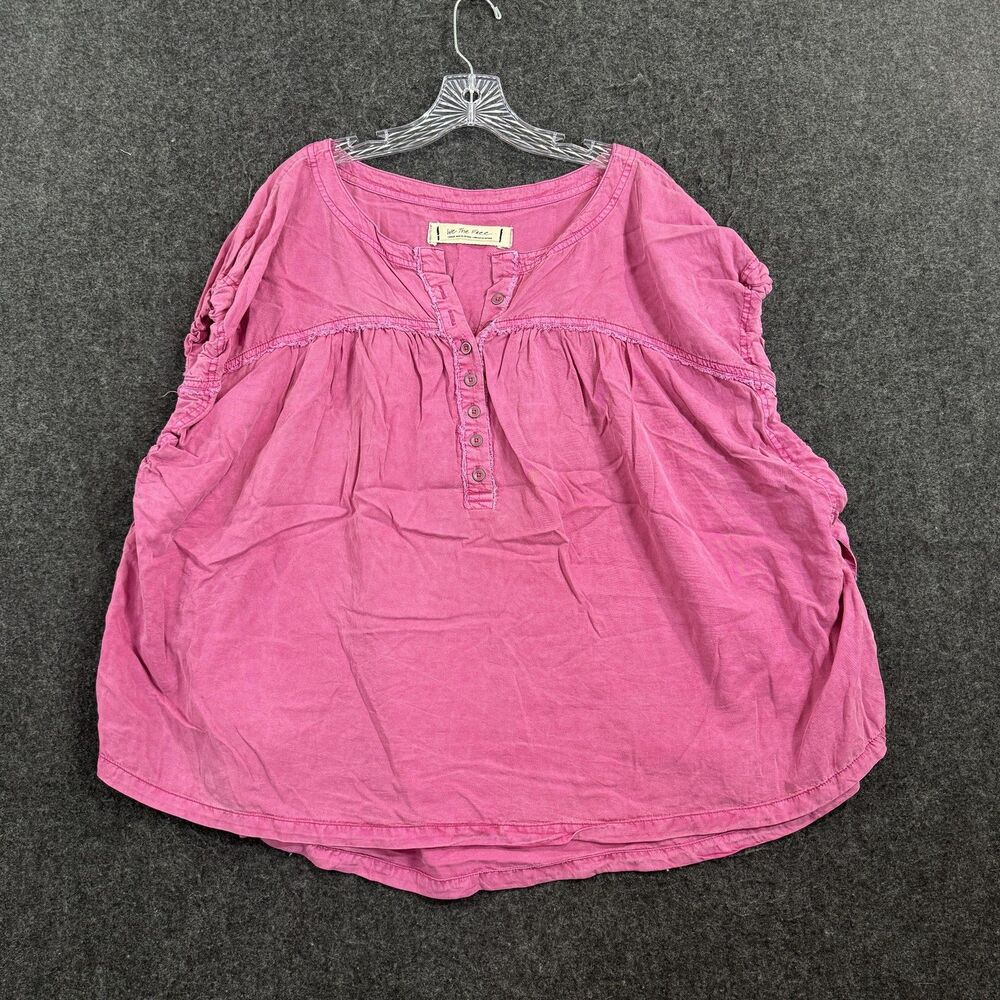 We The Free Blouse Women's Large Pink 100% Lyocell Henley Tunic Top Oversized
